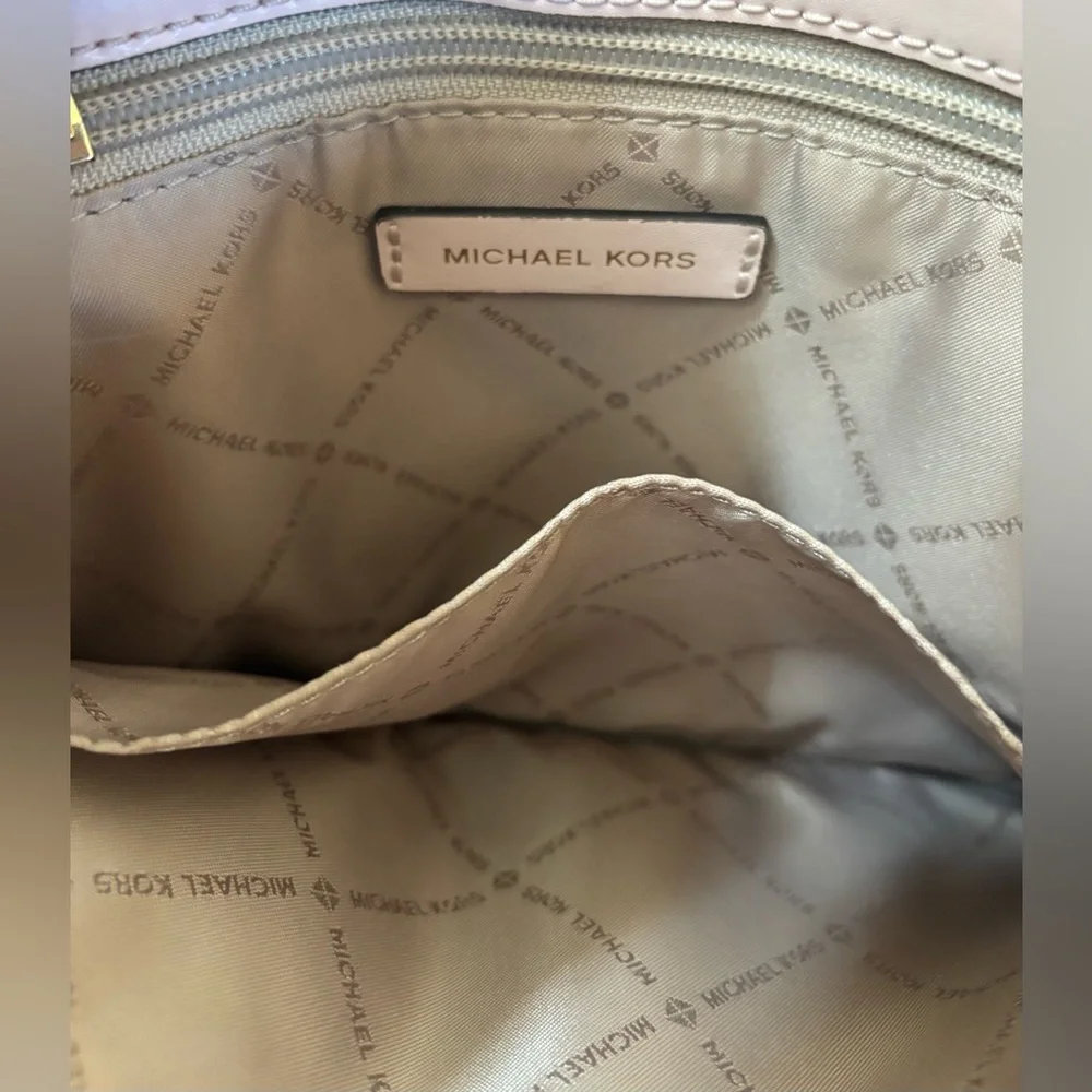 Michael Kors Nicole Medium Shoulder Bag Beige gold hardware leather suede